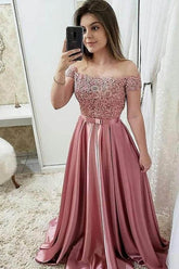 Burgundy Long Prom Dresses, Off The Shoulder Appliques Party Dresses